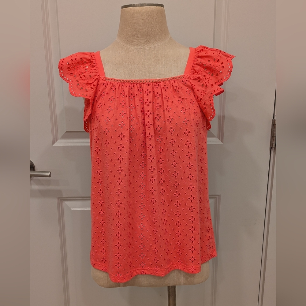 LOFT Coral Eyelet Flutter Sleeve Top